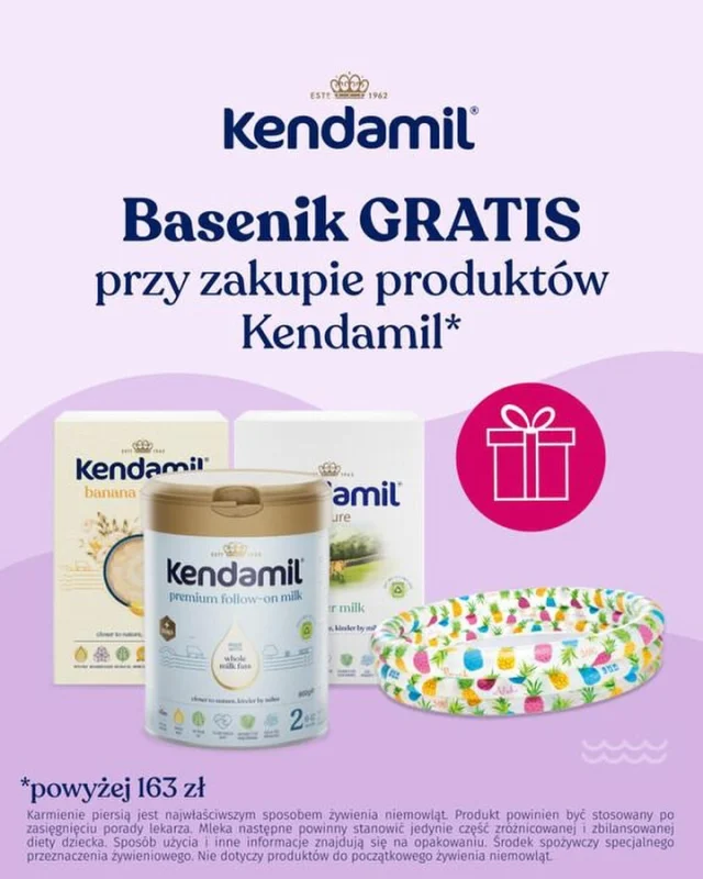 Szczęśliwy brzuszek i letnia zabawa w jednym? 💦☀️ Lato jest tuż za rogiem, a my w Kendamil wraz z naszym oficjalnym sklepem internetowym @healthfactory_pl mamy dla Was mnxoóstwo orzeźwienia i świetnych cen!

Zaopatrz się w zapasy premium żywności Kendamil o minimalnej wartości 163 zł i zgarnij wspaniały prezent dla swojego maluszka 👉 dmuchany basenik dziecięcy (132 cm). 💦

Na wybrane mleka modyfikowane i kaszki oznaczone etykietą „Rabat ilościowy do -25%” otrzymasz teraz zniżkę przy zakupie większej liczby sztuk.

👉 2 - 3 sztuki: rabat 20%
👉 4 - 5 sztuk: rabat 22%
👉 6 i więcej sztuk: rabat 25%

Rabat naliczy się w koszyku automatycznie. Który smak kaszki lub linię mleka wrzucisz do koszyka jako pierwszy? 🛒

Promocja obowiązuje od 15.06 do 21.06.2026 r. lub do wyczerpania zapasów i rozdania wszystkich prezentów. Promocja prezentowa nie dotyczy początkowego mleka modyfikowanego.